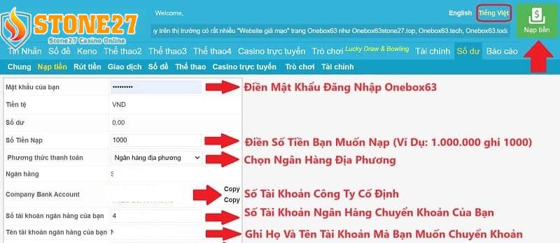 Thông tin khi giao dịch nạp tiền tại Stone27