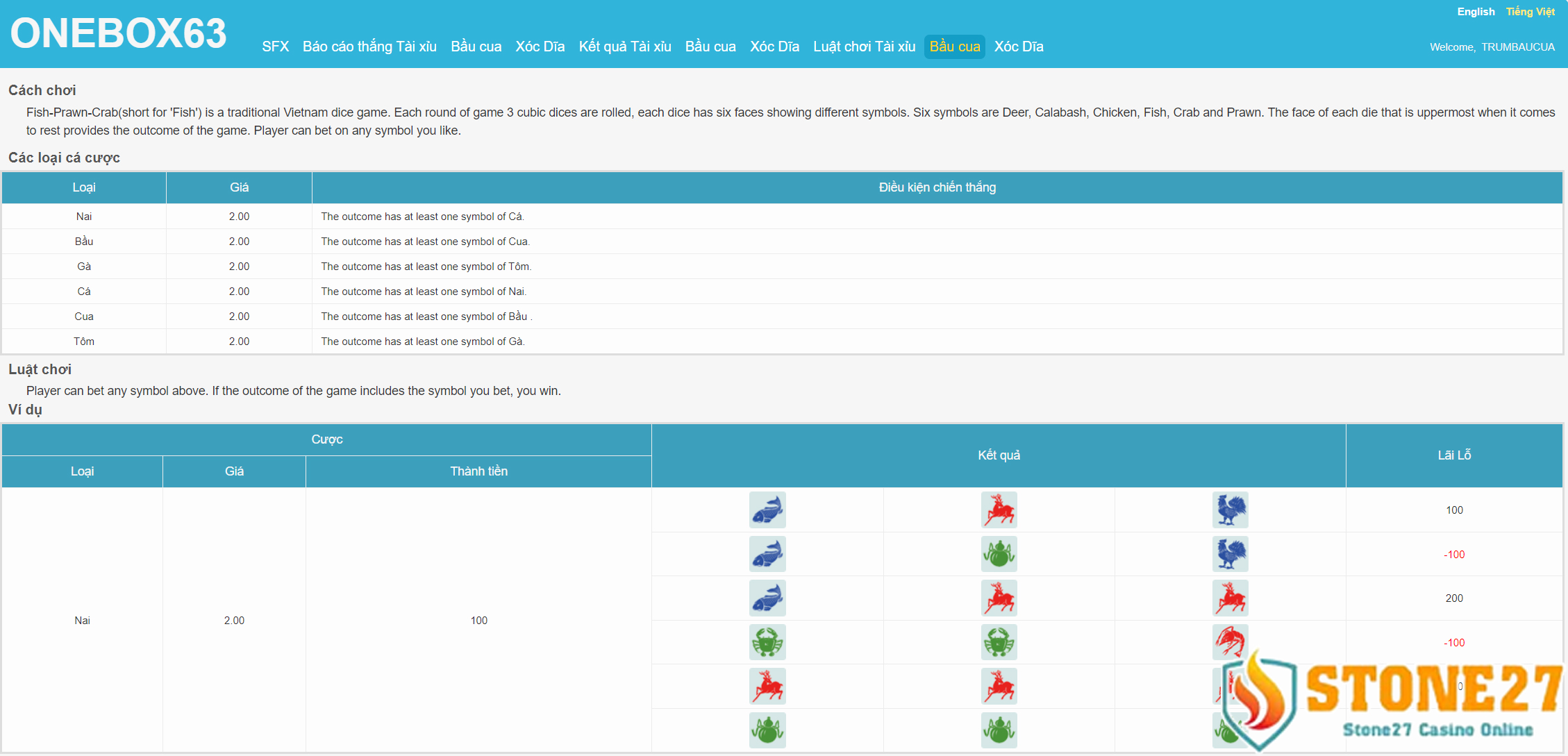 Mô tả luật chơi của bầu cua Stone27